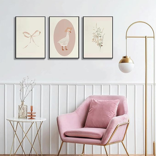 3Pcs Girls Nursery Wall Art Vintage Goose Wall Decor Pictures Pink Bow Poster Prints Kids Room Painting Artwork for Girls Room Bedroom Living Room Home Decoration,16x24in