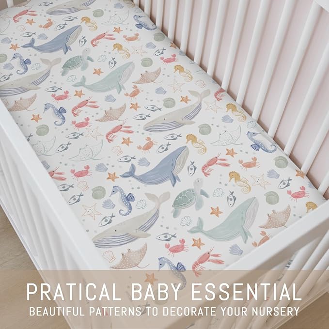 Boho Ocean Animals Baby Crib Sheets for Boys Girls Sea Horse Whale Turtle Crab Fish Soft Stretchy Crib Mattress Fitted Cover for 52''x28'' Standard Crib & Toddler Mattresses Marine Coastal Bed Sheets