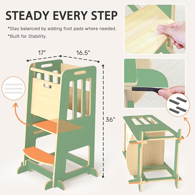 WINGYZ Toddler Tower – Adjustable Step Stool Helper for Kids 18M–6Y, Kitchen Learning Stool with Safety Rail, 3-Height Adjustable, Sliding Door, Full Support Foot, Wooden Updated Design, Green