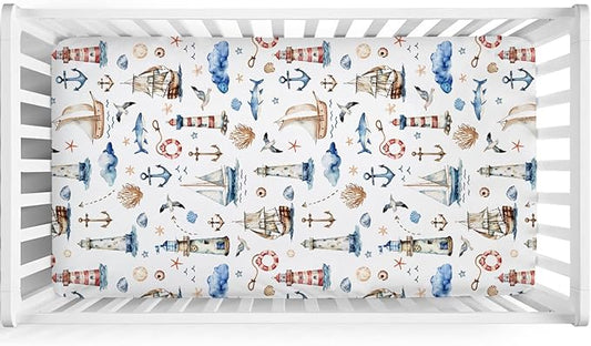 Watercolor Sailing Adventure Baby Crib Sheet 52''x28'' Nautical Life Lighthouse Boat Anchor Stretchy Fitted Crib Mattress Cover Boy Girl Beach Summer Baby Bed Sheet for Standard Crib Toddler Mattress
