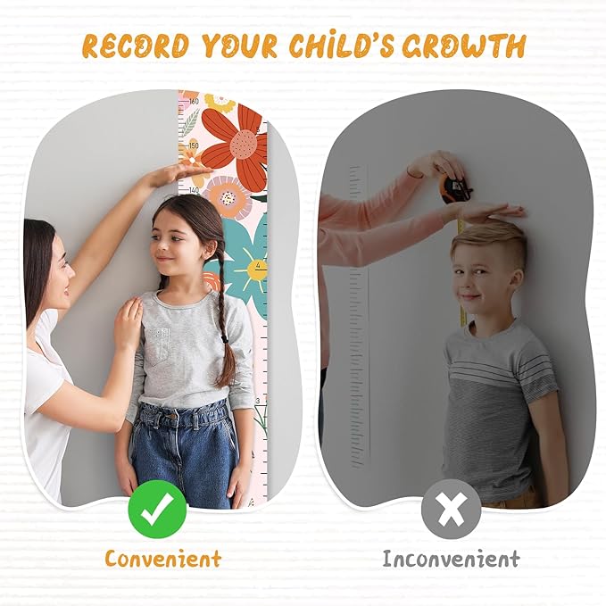 Woodemon Personalized Name Growth Chart for Wall, Painted Flowers Canvas Height Chart for Kids Baby Child Toddler, Canvas Growth Chart for Wall Nursery Decor, Hangable & Waterproof