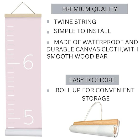 Morxy Canvas Growth Chart for Kids - Unisex Kids Room Wall Decor - Measuring Height Chart- Wall Tape with Height Chart for Kids (Canvas, Plain Pink)
