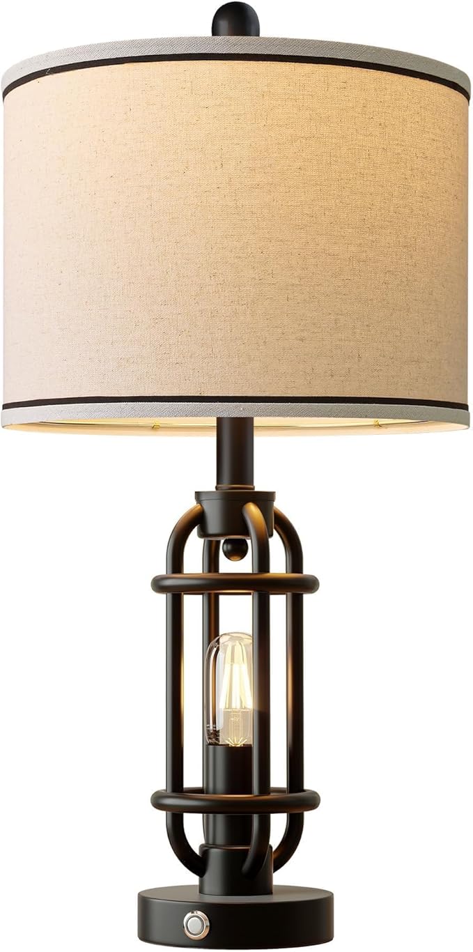 G-SAFAVA 24'' Table Lamps for Living Room Bedroom Industrial Touch Lamp with USB A+C Ports, Night Light Farmhouse Vintage Nightstand Bedside Lamps for Night Stands Metal Black, Bulbs Included