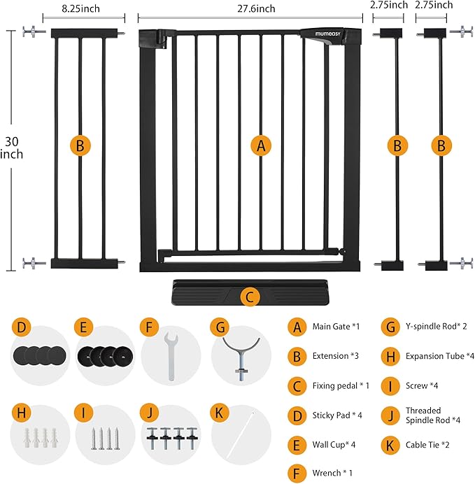 Mumeasy 29.6-46" Baby Gate for Stairs, Pressure Mounted Dog Gate for Doorways, Auto Close Pet Gate for Indoor Use, Extra Wide Child Gate with Walk Thru Door Black, Mom's Choice Awards Winner