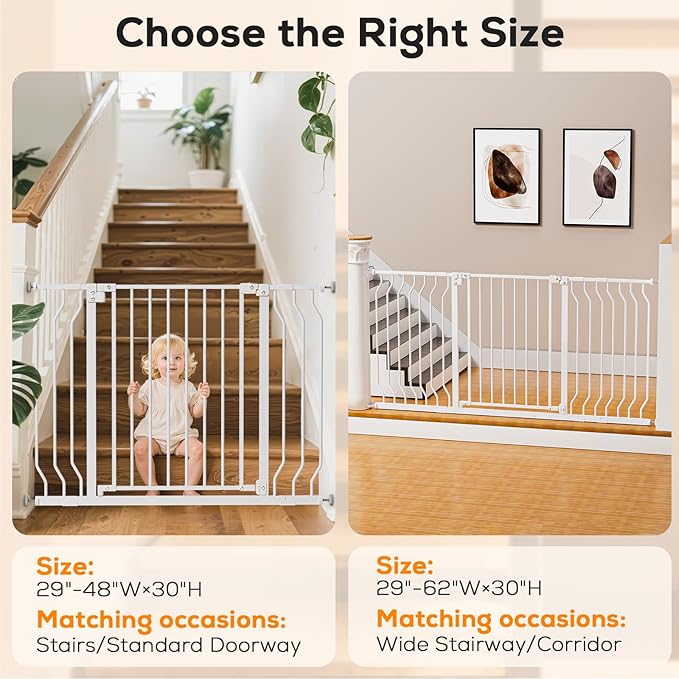 29-43" Baby Gate for Stairs, Baby Safety Essentials, Auto Close Gate for Doorways, Easy Install Pressure Mounted Dog Gate Indoor, Pet Gates for Dogs, White