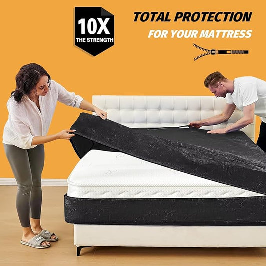 Mattress Bags for Moving, BETU Mattress Protector Waterproof Mattress Cover Full Size Storage Bags with 8 Heavy-Duty Handles and Zipper for Bed Extra Thick Large Reusable (2 Pack, 77"x57"x15" Black)
