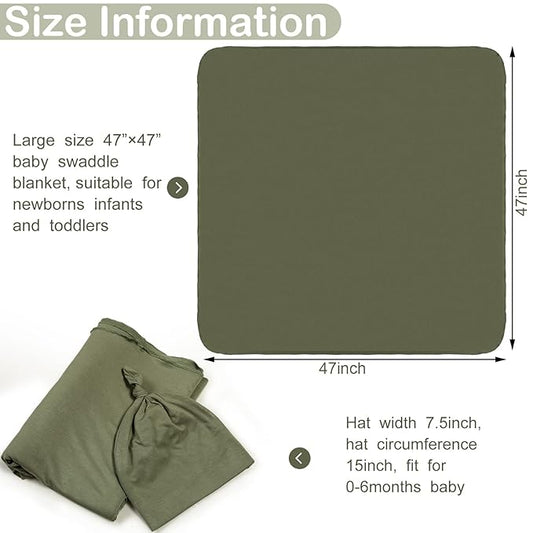 JaGely 2 Pcs Stretchy Baby Swaddle Blankets Set Extra Soft 47" x 47" Baby Newborn Swaddle Blanket and Hat(Blue, Army Green)