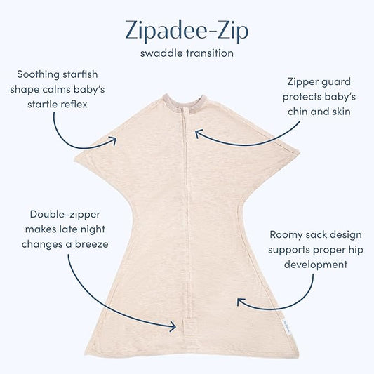 SleepingBaby Zipadee-Zip Transition Swaddle - Cozy Baby Swaddling Blanket with Zipper Convenience - Roomy Wearable Blanket for Easy Diaper Changes - 6-12 Month - Balanced Beige Heather