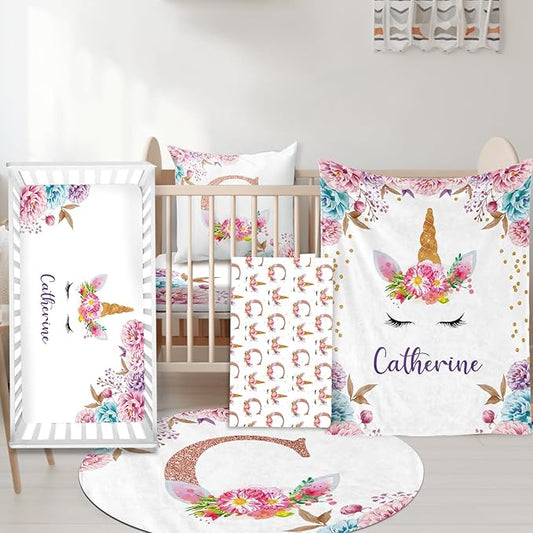 Custom Nursery Crib Bedding Set: Personalized Nursery Decor Baby Blanket Fitted Crib Sheet Changing Pad Cover Baby Room Rug Horn Pattern Gift Idea(Fixed Size)