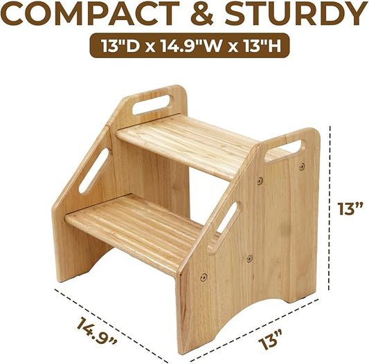 NABYTOK Wooden Step Stool for Toddlers and Adults, 300 lbs Capacity, Two Tier Bathroom Stool with Handles, Lightweight Non-Slip Pads, for Toilet, Sink or Kitchen Use