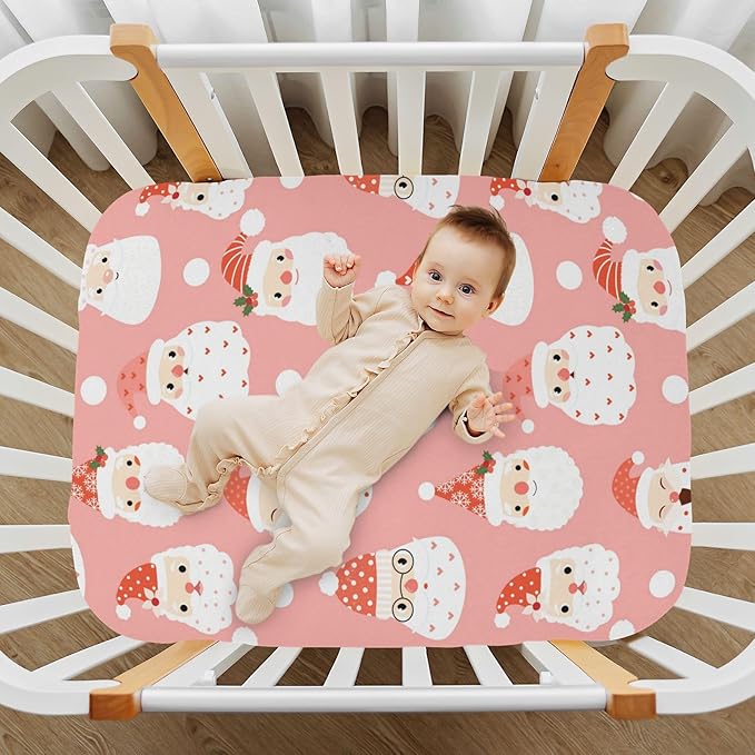 Santa Pink Christmas Crib Sheets Soft Breathable Fitted Baby Crib Sheets Mattress Cover for Girl Boys, 52" x 28" x 9"