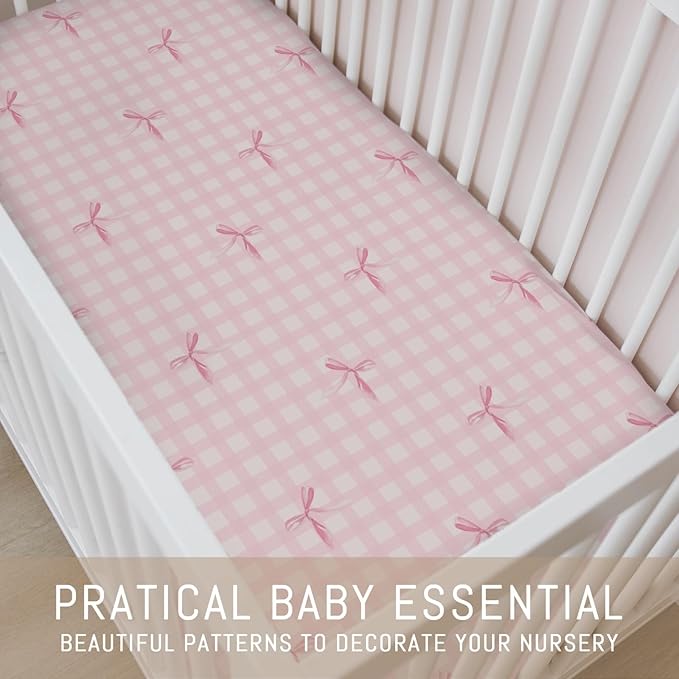 Watercolor Pink Bows Checkered Baby Crib Sheets for Girls Pastel Pink Bows Ribbon Plaid Soft Snug Fitted Crib Mattress Covers for 52''x28'' Standard Crib & Toddler Mattress Girly Valentine Bed Sheets
