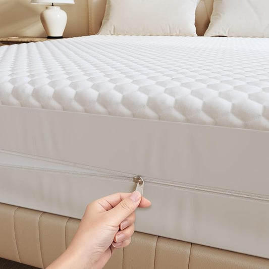 OhGeni 100% Waterproof Mattress Protector,Queen Size-Zipper Mattress Soft Pad,Pet Hair & Bedwetting Resistant,Cooling Breathable Fitted Sheets,Washable Cover,Non-Slip Deep Pocket,Noiseless for Bedroom