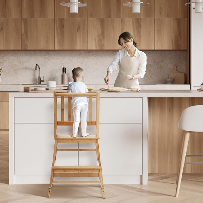 COSYLAND Toddler Kitchen Step Stool Helper - Wooden Standing Tower for Kids with Anti-Tip Support Legs (Natural)