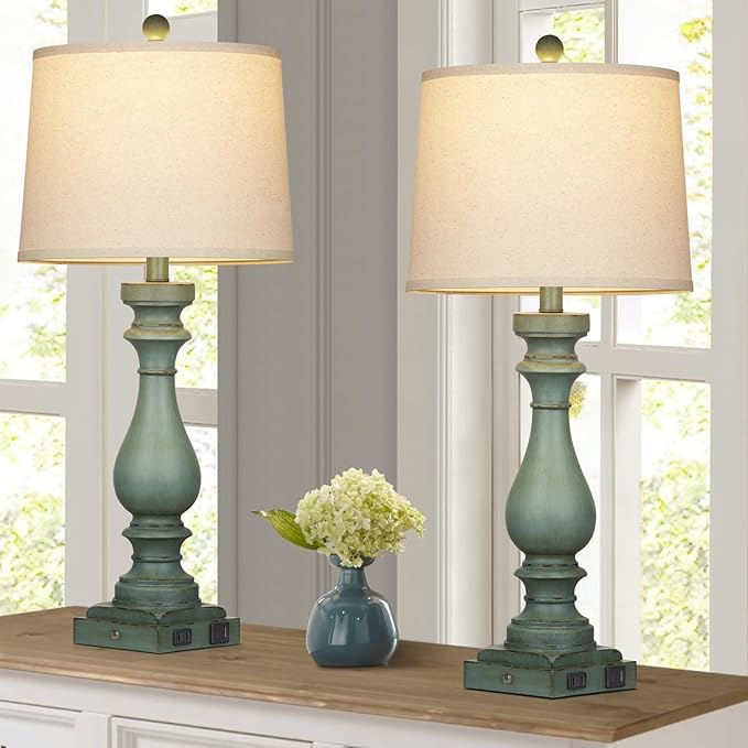 Cinkeda 29" Tall Table Lamp for Living Room Set of 2,Vintage Bedside Nightstand Lamps with USB C+A Ports & AC Outlet,3-Way Dimmable Touch Control Retro Green Desk Lamp for Bedroom,Color 4