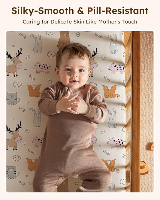 Pack and Play Sheets Fitted 3 Pack, Mini Crib Sheets for Pack N Play Mattress Stretchy Portable Playard Sheets, Soft Breathable Blue & Apricot Bear