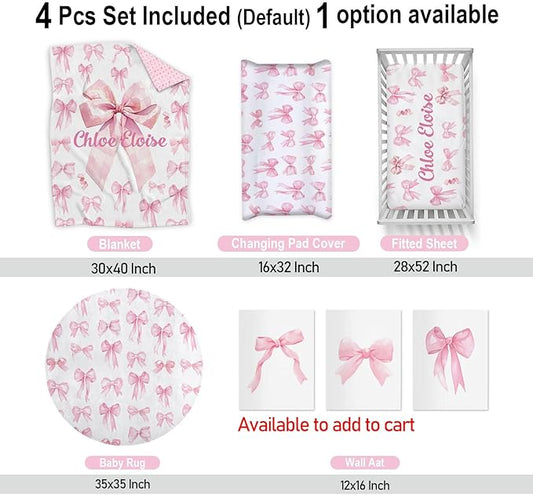 Personalized Baby Crib Bedding Set – Custom Name 4 Pcs Pink Bow Nursery Set with Minky Blanket, Fitted Sheet, Pad Cover & Rug, Soft Bedding for Girls, Ideal Shower Gift for Baby, New Parents