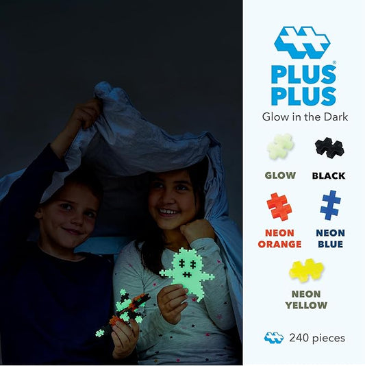 Plus Plus 240 Piece Interlocking Building Blocks for Kids, Open Ended Connecting Toys, Stem Bin Classroom Mini Manipulatives - Glow in Dark Play Tube