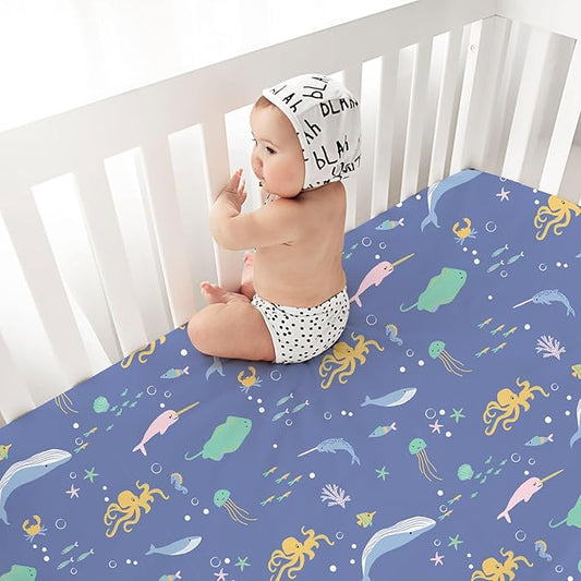 Little Grape Land Crib Sheets Baby Toddler Sheets 4 Pack Fitted for Boys Girls, Standard Size 28x52‘’ Crib Mattress, Super Soft Breathable Washable Microfiber (Whale/Shell Blue/Ocean/Navy)