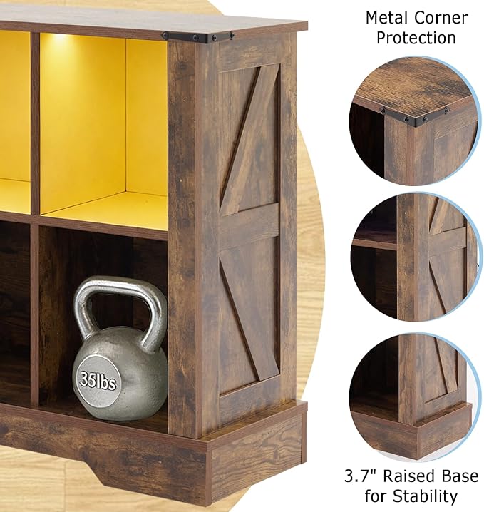 Puntogen 6 Cube Storage Organizer, Wood Cube Bookshelf with LED Lights, Horizontal Storage Cubes, Kids Bookshelf, Display Cabinet Cubby Shelf for Living Room Home Office Bedroom, Brown
