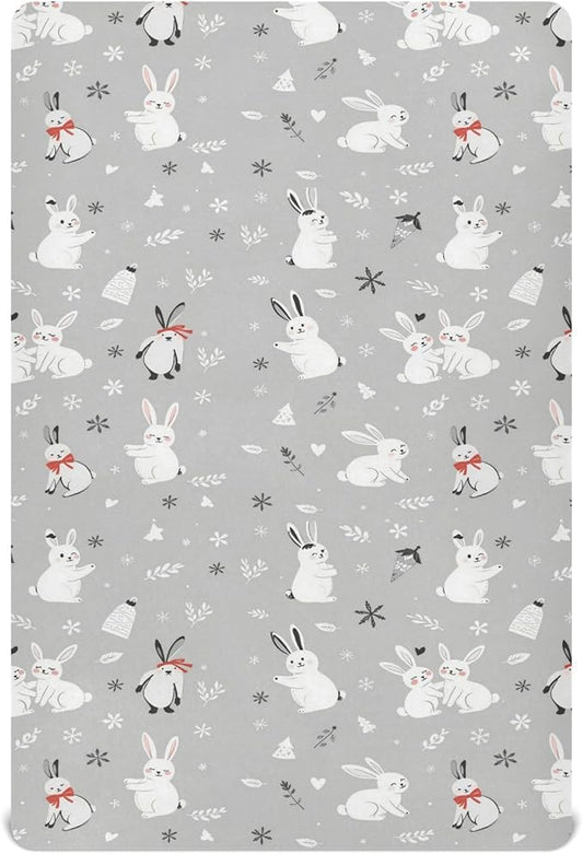 Pfrewn Christmas Crib Sheets for Boys Girls Cute White Bunnies Snow Fitted Crib Sheet Fits Standard Crib Mattress Pads Winter Pattern Stretch Soft Toddler Baby Sheet,52x28IN