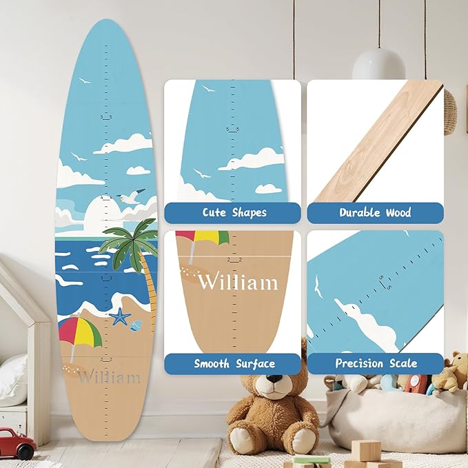 Personalized Name Growth Chart, Surfboard Children's Height Growth Chart Wall Board, Precision Height Measuring Instrument for Nursery Room, 63" x 15.4"
