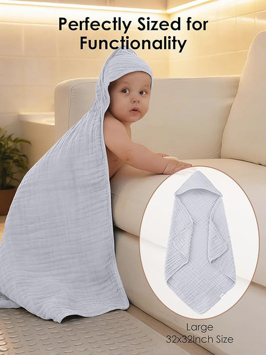 Muslin Hooded Baby Bath Towels - 3 Pack 100% Cotton Ultra-Soft Towels for Newborns, Infants, Toddlers - 32x32 Inch - Highly Absorbent, Quick-Dry Essentials for Bath, Beach, Pool, Grey Blue Series