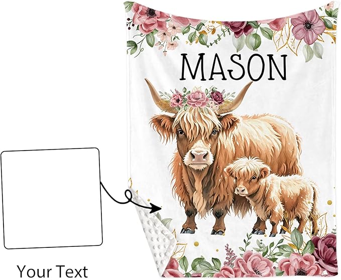 Personalized Baby Crib Bedding Set: 4 Piece Custom Flower Highland Cow Crib Bed Set with Name, Nursery Bedding Set for Baby Girls, Newborn Boys Crib Sets, Crib Bedding Custom Gift, Crib Sheet