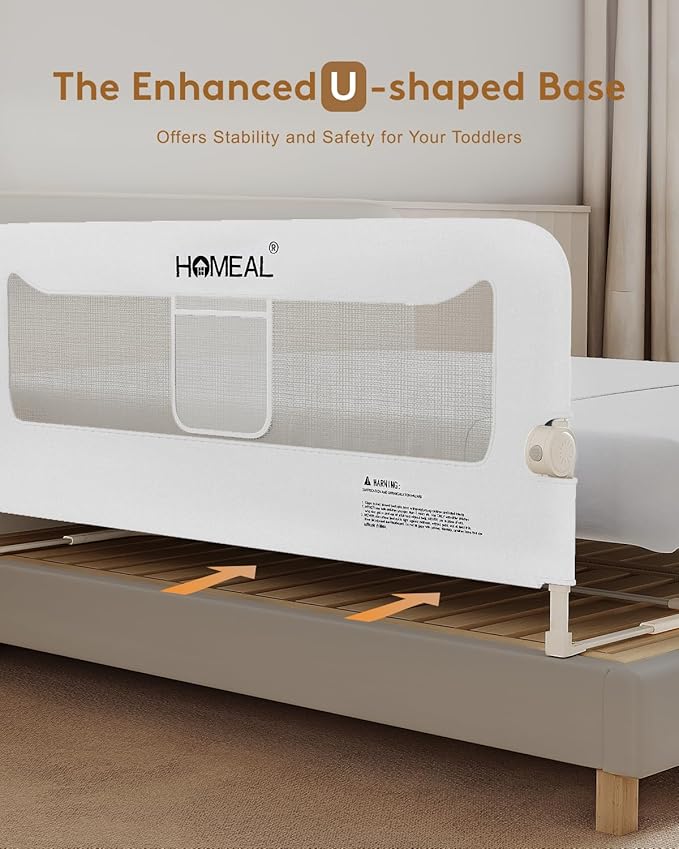 HOMEAL 59in Foldable Toddler Bed Rails, Bed Rail for Toddlers with U-Shape Base, Baby Bed Rail Guard for Twin, Full, Queen, King Beds, Bed Rail for Baby, White