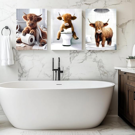 Hianan Funny Bathroom Highland Cow Canvas Wall Art, Cute Brown Cow Bathroom Wall Decor, Framed Animal Bathing Poster Prints, Retro Rustic Farmhouse Wrapped Canvas Artwork for Bathroom Restroom 16"x24"x3