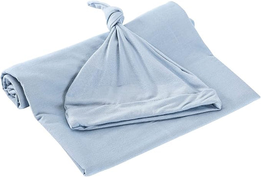 iEvolve Cotton Knitted Baby Swaddle Blanket with Hat Headband Set Newborn Swaddle Wrap Receiving Blankets for Baby Girl Boy 35" x 35"(Lightblue)