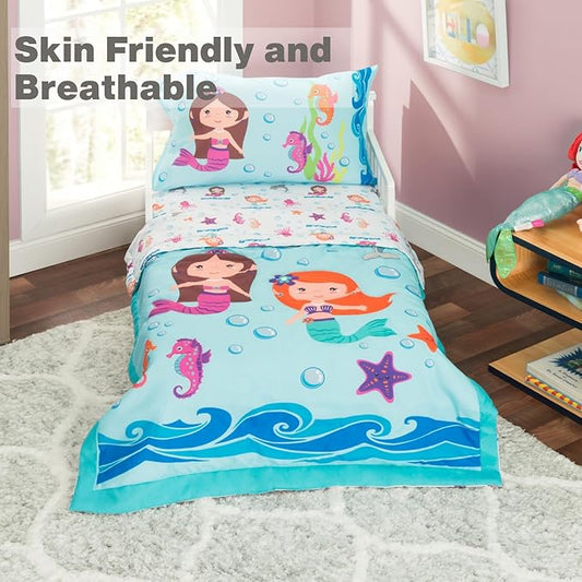 EVERYDAY KIDS 4 Piece Toddler Bedding Set -Undersea Mermaids Adventure- Includes Comforter, Flat Sheet, Fitted Sheet and Reversible Pillowcase