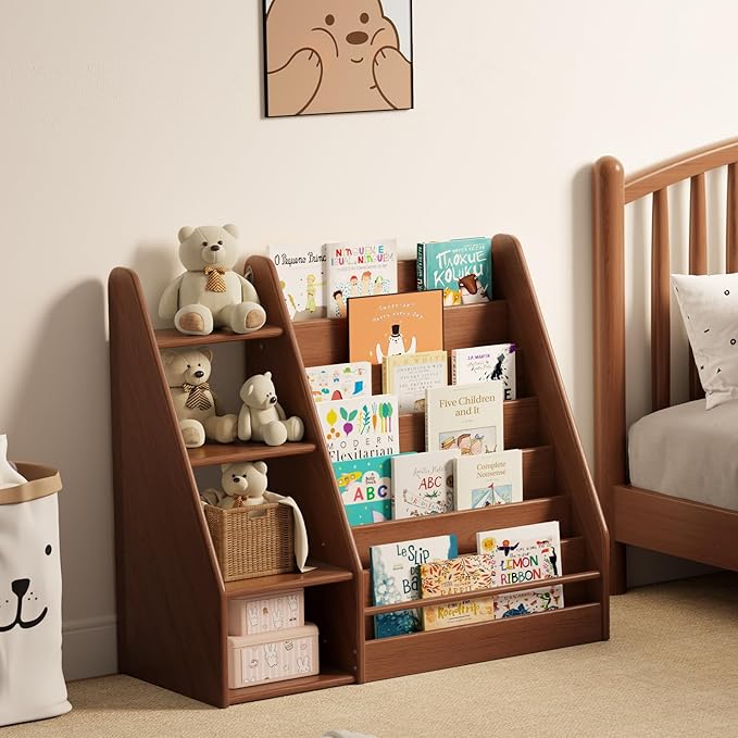 DONGMUWUJEE Solid Wood Kids Bookshelf and Storage Organizer, 7 Layer Children Bookcase, Baby Toddler Wooden Book Shelf, Display Cabinet for Playroom, Bedroom, Classroom, Nursery, School, Walnut