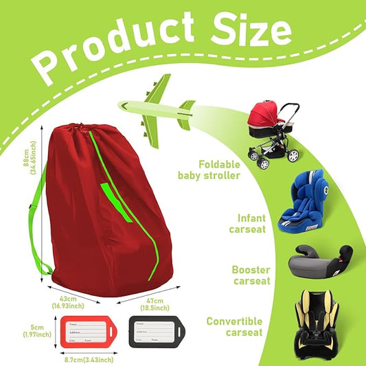 Jaseppor Car Seat Bags For Airplane Travel, Gate Check Bag, Durable Travel Bag with Thickened Shoulder Straps and 2pcs Luggage Tags For Airplane(Red)