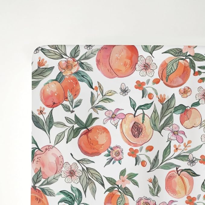 Vintage Peaches Baby Crib Sheets for Boy Girl 52x28Inch Retro Peach Flowers Leaves Soft Snug Fitted Crib Mattress Cover Sweet Spring Summer Fruit Nursery Baby Sheet for Crib & Toddler Bed Mattress