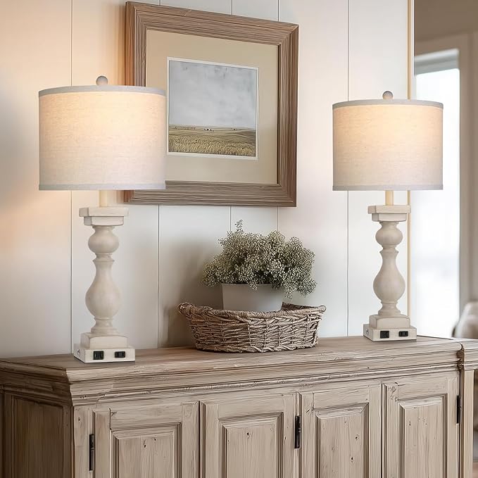MOUVOVO 28" Tall Farmhouse Table Lamps Set of 2 with USB C+A Ports and AC Outlet, 3 Way Touch Tall Rustic Bedside Lamps for Living Room, Cream Vintage Lamps for Bedroom