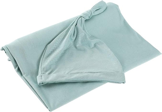 iEvolve Cotton Knitted Baby Swaddle Blanket with Hat Headband Set Newborn Swaddle Wrap Receiving Blankets for Baby Girl Boy 35" x 35"(LightGreen)