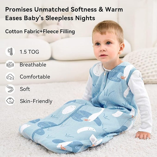 Baby Sleep Sack 6-12 Months 1.5 Tog Baby Wearable Blanket 100% Cotton Fabric Warm Sleeping sack with 2-Way Zipper Quilted for Infant Newborn Tog Blue Duck