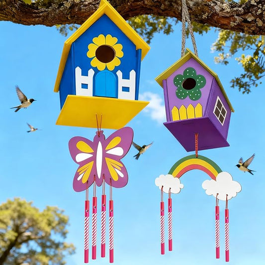 Ladwon Crafts for Kids Ages 4-8 - 4 Pack DIY Bird House Wind Chime Kit - Build and Paint Birdhouses Wooden Arts Kits Easter Basket Stuffers Gifts for Girls Kids Boys Toddlers Ages 3-5 4-6 6-8 8-12