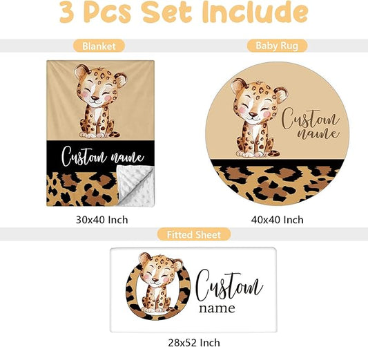 Personalized Baby Bedding Set - 3 Pcs Custom Name Crib Bedding Set for Nursery, Soft Baby Crib Set with Double Layer Blanket for Boy Girl, Customized Gifts for Infant Toddler, Brown Leopard