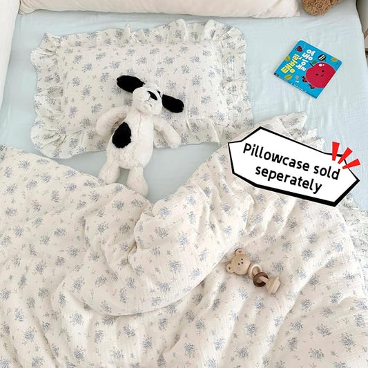 BuLuTu Muslin Cotton Kids Duvet Cover with Ruffles for Toddler Bed/Crib Comforter/Quilt Cover Shabby Chic Blue Freesia Print Toddler Duvet Cover Girls Boys, 47"x59", No Pillow Cases