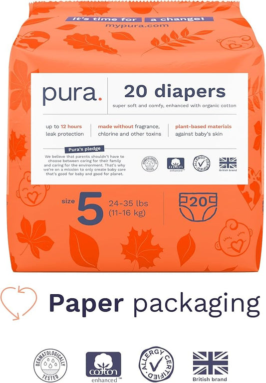 Pura Size 5 Eco-Friendly Diapers (24-35lbs) Totally Chlorine Free (TCF) Hypoallergenic, Soft Organic Cotton, Sustainable Comfort, 12 Hours Leak Protection, Allergy UK,1 Pack of 20 Diapers