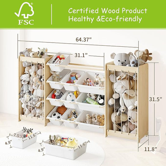 EXPERLAM Toy and Stuffed Animal Storage, 12-Bin Toy Shelf with Double-Sided Stuffed Animal Holder & Thicker Elastic Ropes, Space-Saving Solid Wood Toy Organizer for Playroom, Nursery, Bedroom, White