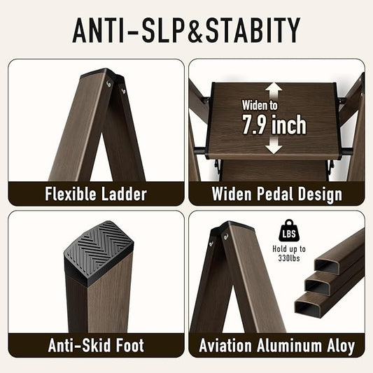 Mayi Plus 2 Step Ladder,Aluminum Folding Step Stool for Adults,Step Ladder with Wide Anti-Slip Pedal,330 lbs Capacity for Home,Office,Kitchen,Library(Walnut)