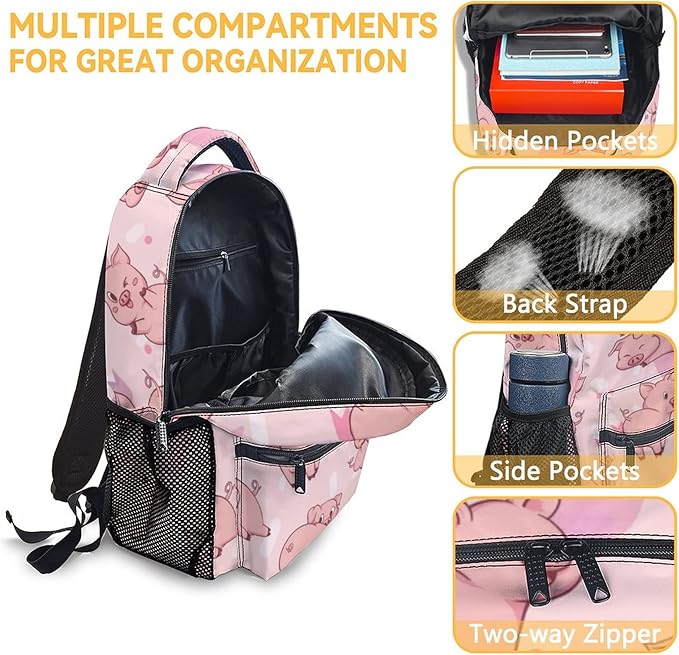AIOMXZZ Pig Backpack with Lunch Box and Pencil Case, 16 Inch Cute Pig Bookbag Durable, Lightweight, Large Capacity, Funny Animal Backpack for School Girls Kids Women