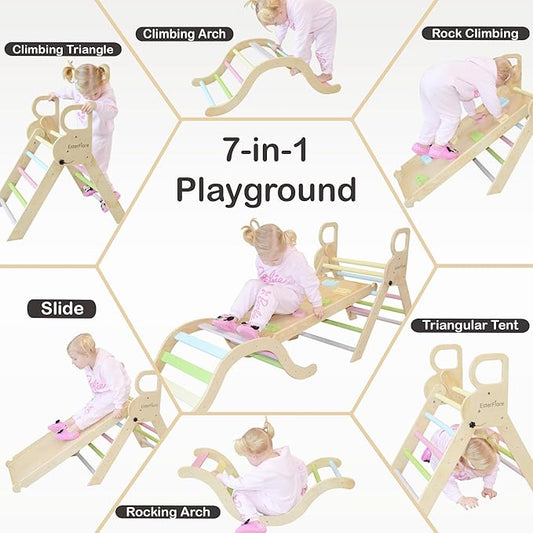 Pikler Triangle Set 7in1, Toddler Climbing Toys Indoor, Montessori Indoor Jungle Gym with Slide, Arch, Ramp and Ladder, Wooden Indoor Playground, Montessori Toys Toddlers, Baby, Kids