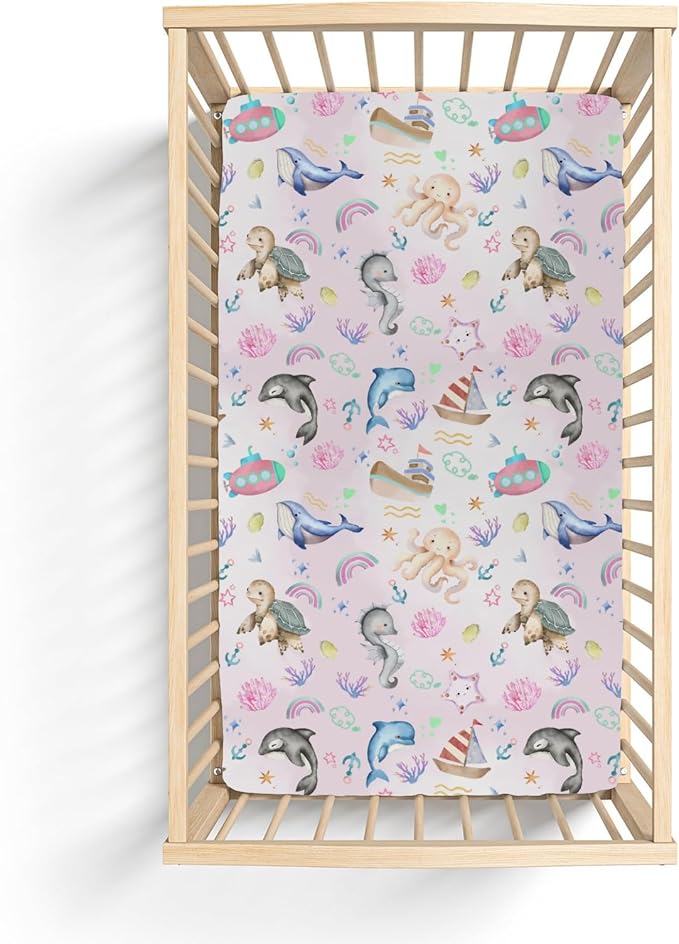 Colorful Ocean Animals Baby Crib Sheets for Boy Girl 52x28Inch Sea Horse Turtle Whale Rainbow Corals Soft Snug Fitted Crib Mattress Cover Marine Life Baby Sheet for Standard Crib & Toddler Mattress