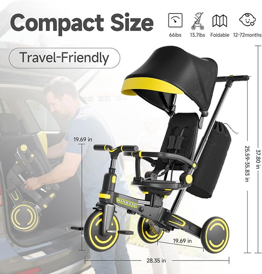 WinHope 9-in-1 Push Tricycle for Toddlers 1-3 Years | Convertible Kids Trike with Adjustable Parent Handle & Safety Harness, Lightweight Foldable Design + Storage Basket for Boys & Girls (Black)