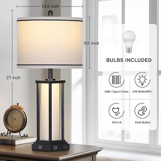 Cinkeda 27" Tall Vintage Table Lamp with USB C+A & Outlet,Black Industrial End Table Lamp for Living Room,Farmhouse Rustic Bedside Lamp with Frosted Glass Night Light for Bedroom Nightstand,Black-1P