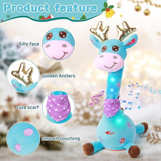 Dancing Talking Giraffe with Golden Antlers Toy, Stuffed Animal Baby Toy Repeating What You Say, Musical Toy with Golden Anlters Gifts for Toddlers 1-3 Years Old (Blue Giraffe Antlers)